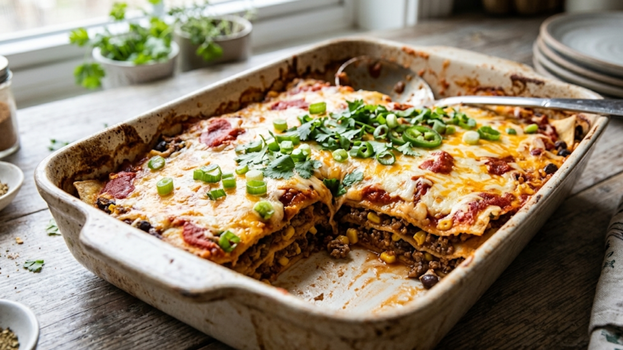 Taco lasagna with tortillas