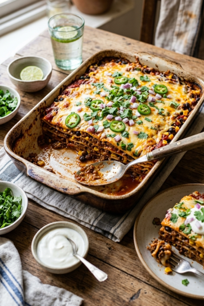 Taco lasagna with tortillas