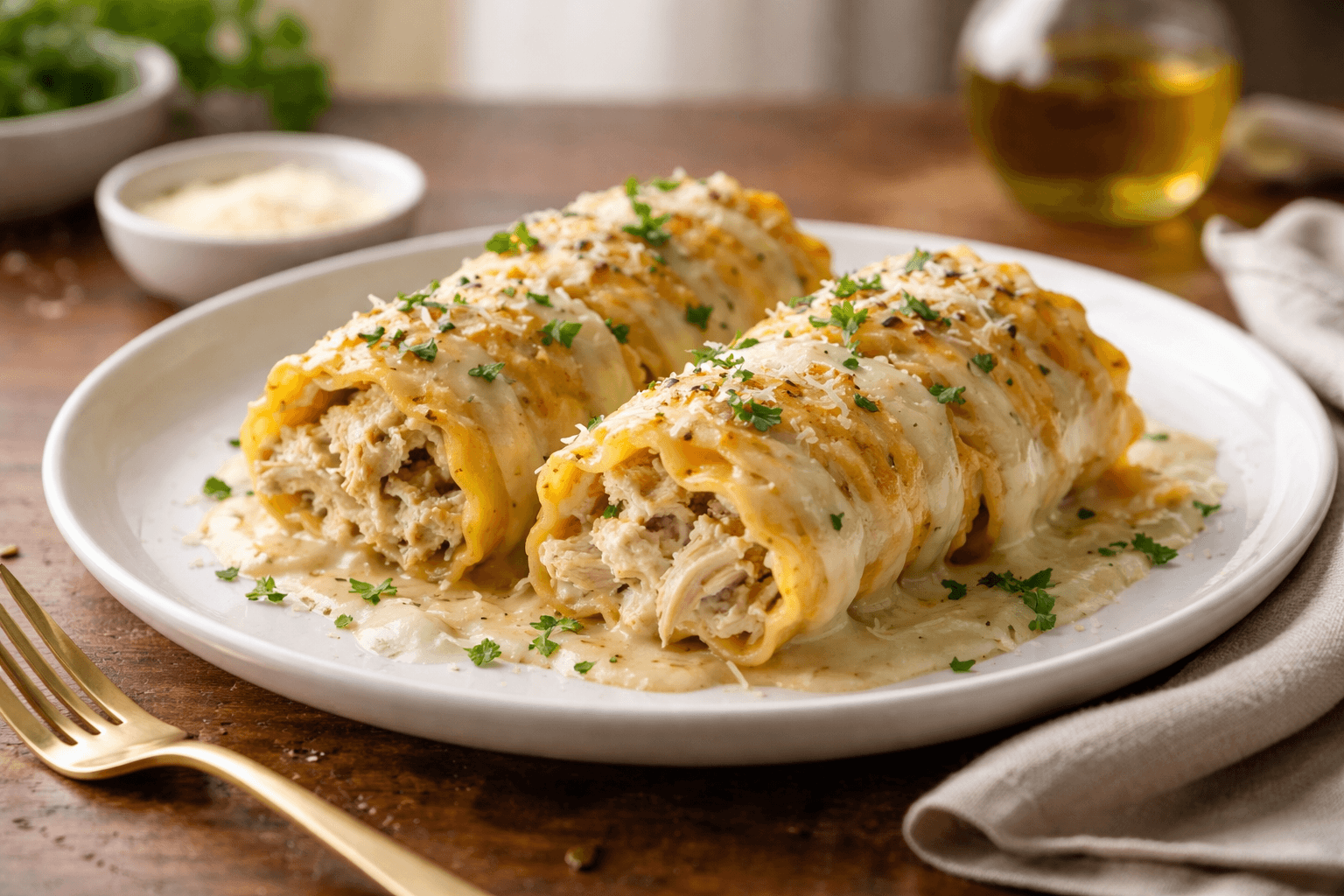 Chicken Alfredo Lasagna Roll Ups