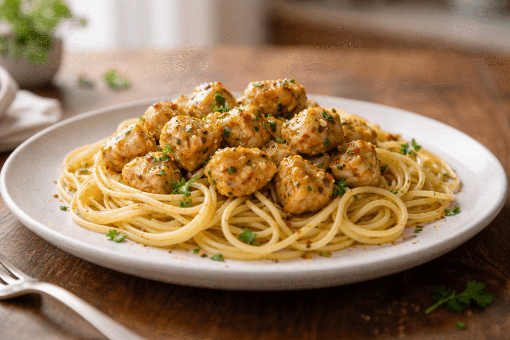 Garlic Butter Chicken Bites with Pasta