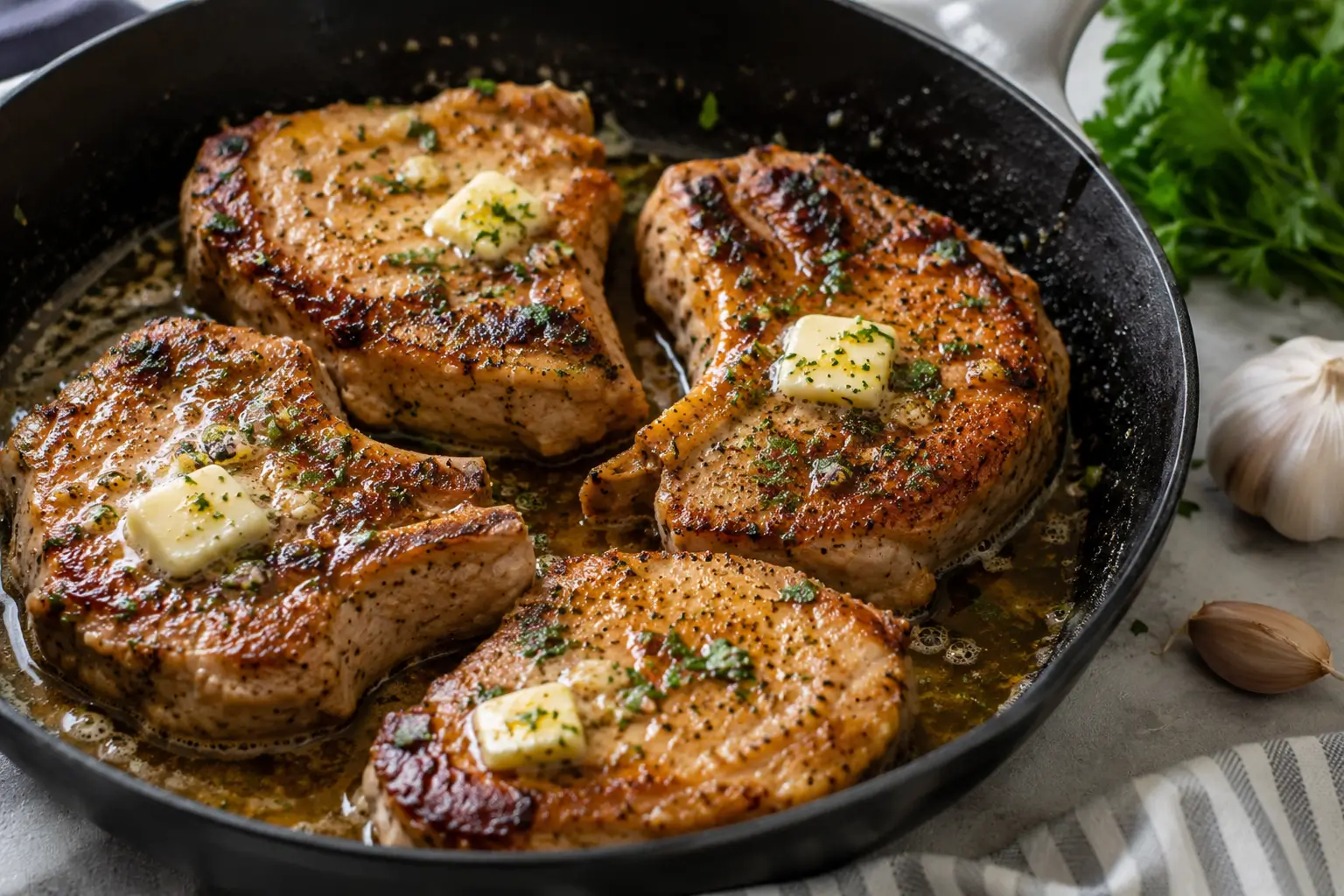 Garlic Butter Pan Seared Pork Chops