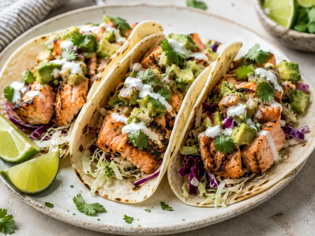 Grilled Salmon Tacos With Avocado Salsa