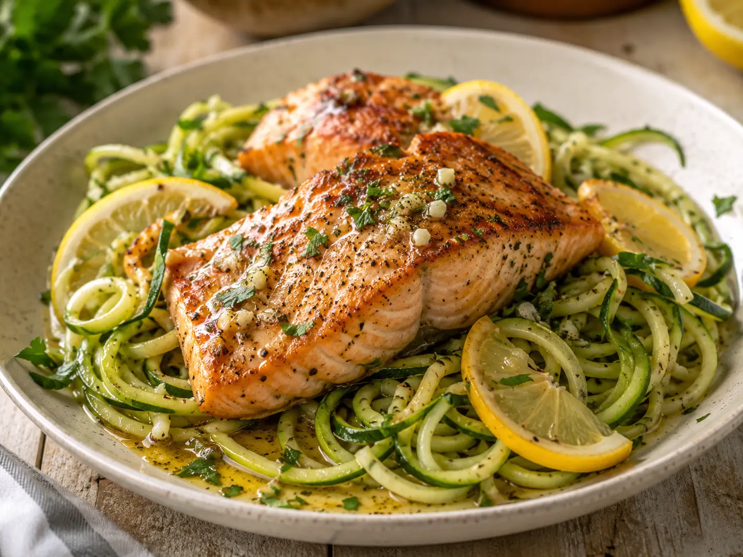 Lemon Garlic Butter Salmon And Zucchini Noodles