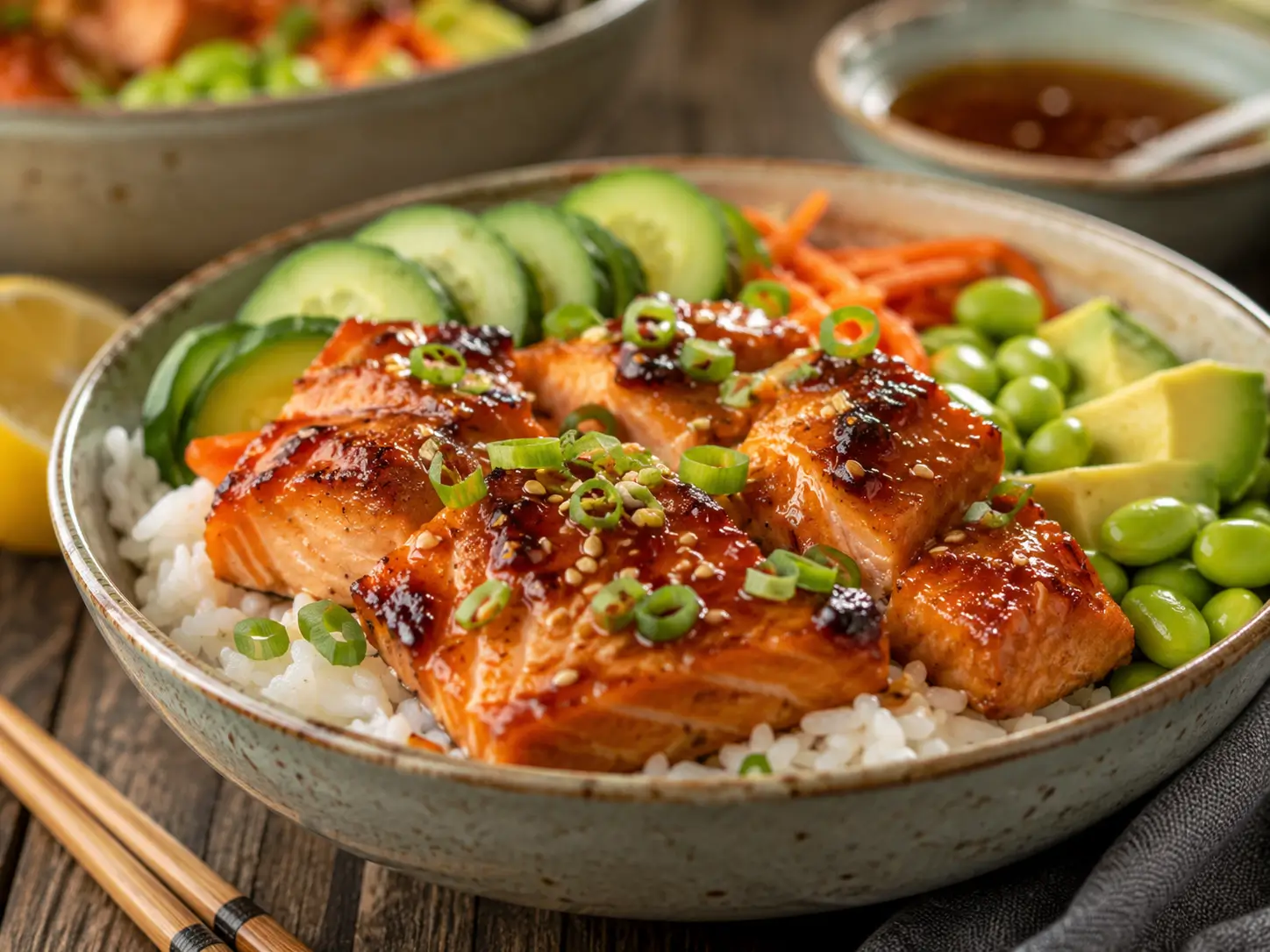 Yuzu Honey Glazed Salmon Rice Bowls