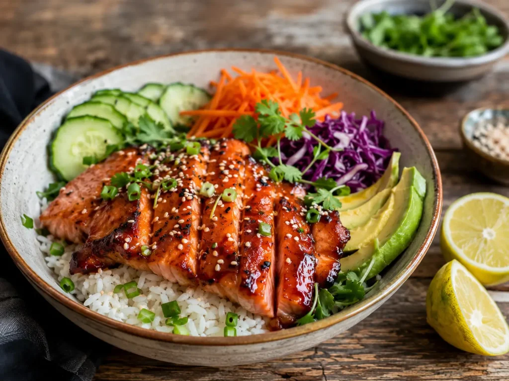 Yuzu Honey Glazed Salmon Rice Bowls