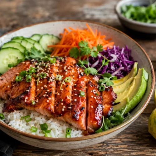 Yuzu Honey Glazed Salmon Rice Bowls